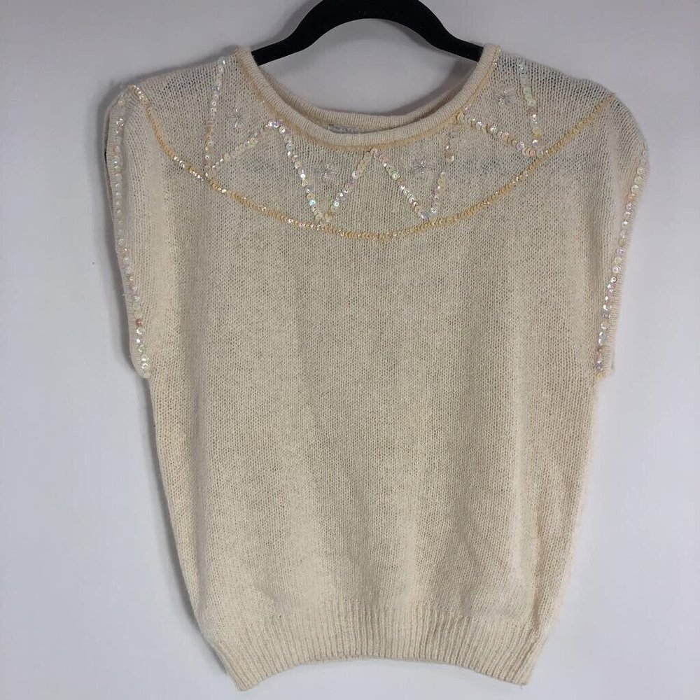 Alyssa Brooke Womens Sweater Vest Beige Crew Ribbed Hem Sequined Silk Blend S